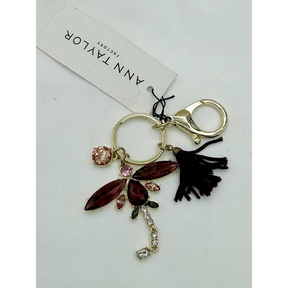 Ann Taylor Factory Dragonfly Crystal Tassel Keychain Gold Tone Burgundy Pink NEW